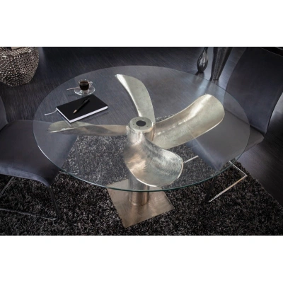 Estila Kulatý jídelní stůl z kovu a skla ve tvaru lodního šroubu ve stříbrném provedení s kulatou deskou ze skla 94cm